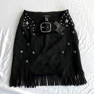 Black Suede Fringe Star Studded Belt Skirt | F21
